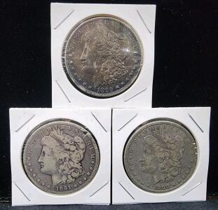 (3) 1891-1900 Morgan Silver Dollar Coins, U.S. Mint, 90% Silver
