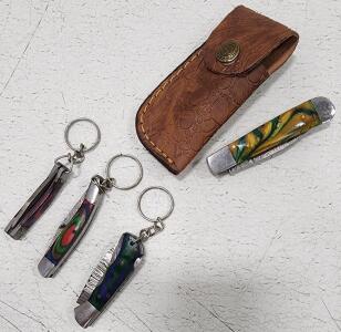 (1) Damascus Steel Pocket Knife With Wood And Resin Handle And Sheath (1) Mini Damascus Steel Pocket Knife Keychains