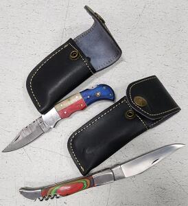 (1) Damascus Steel Pocket Knife With Wood And Resin Handle And Sheath (1) Laguiole-Style Corkscrew Pocket Knife With Wood Handle And Sheath