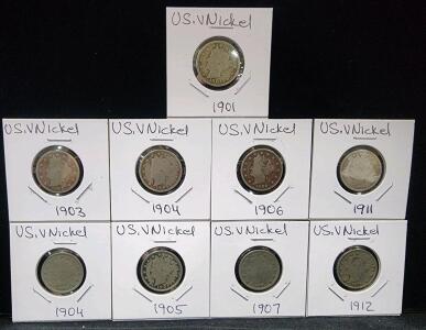 (9) 1901-1912 U.S. V Nickel Coins