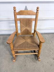 Traditional Wooden Rocking Chair, Woven Seat & Back, Turned Arms, Approx 38" Tall