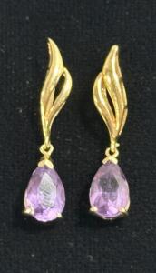 14K Gold Drop Earrings with Pear-Cut Amethyst Stones, Flame Design, Post Stud Backs
