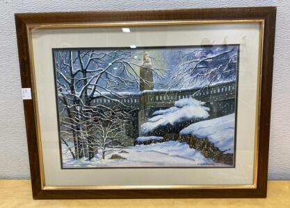 Framed 23x21 Lloyd Faylor - Water Color Snowy Bridge