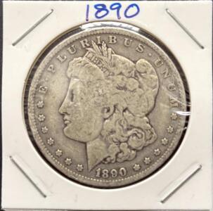 1890 Morgan Silver Dollar US Coin, Philadelphia Mint, 90% Silver, Circulated Condition