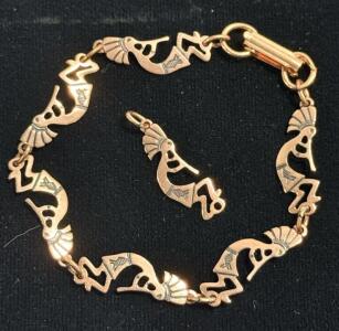 Solid Copper Kokopelli Link Bracelet with Pendant, Fold-over Clasp, Native American Southwest Design