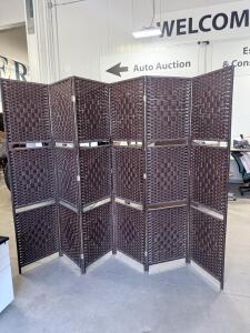 Six-Panel Dark Brown Woven Room Divider, 71&rdquo; Tall Folding Privacy Screen, Mirror Cutouts