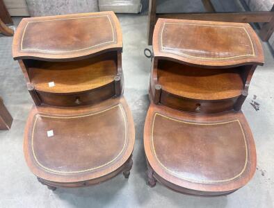 Pair Vintage Wooden Nightstands with Leather Inlay, Brass Pulls, Carved Legs, 24"x18"x26"