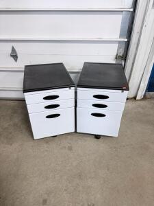 Pair of 3-Drawer Mobile Metal Office Pedestal File Cabinets with Locks, White/Black, 15"x20"x24"