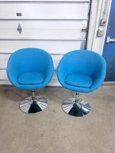 Pair of Modern Swivel Accent Chairs, Blue Fabric, Chrome Base, Adjustable Height