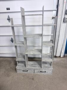 Modern Geometric Freestanding Bookshelf, Gray Weathered Finish, 10 Shelves, 2 Drawers, 66"x47"x13"