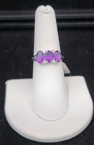 (1) Size 6 1/2 Oscar Friedman Three Stone Amethyst And Diamond .925 Ring