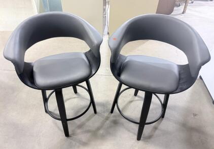 Pair Linon Modern Bentwood Counter Stools, Grey Faux Leather, Black Frame, 24" Seat Height