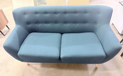 Mid-Century Modern Blue Fabric Loveseat Sofa, Wood Legs, 2-Seater, Button-Tufted Back