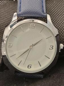 Men's 40mm Analog Watch, Blue PU Leather Band, Stainless Steel Back, Mineral Glass, Boxed