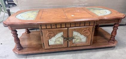 Vintage Wooden Coffee Table w/ Stained Glass Inset, Central Storage Cabinet, Ornate Brass Handles