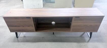 Walnut Finish Media Console TV Stand, 60"x16"x24", Metal Sled Legs, 2 Doors, Cable Management