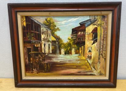 Framed Oil Painting, Dell Reah, Colonial Street Scene, Horse Carriage, Signed Artwork-30.5x24.5