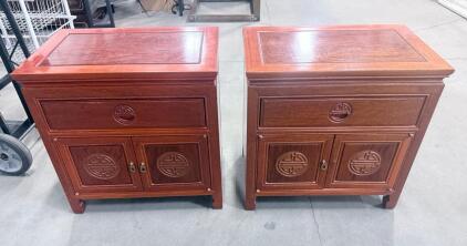 Pair Chinese Style Hardwood Nightstands, Carved Longevity Symbol, Brass Locks, Drawer & Cabinet