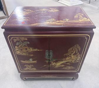 Hand-Painted Asian-Style Burgundy Lacquer Cabinet, 2 Doors, Interior Shelf, Decorative Hardware