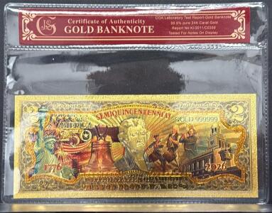 2026 U.S. Semiquincentennial $2 Gold-Plated Collectible Note 24K 99.9% COA JS KI/2011/C0359