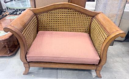 Ralph Lauren Caned Wood Settee, Loveseat, Scroll Arms, Mauve Upholstery, approx. 54"W x 30&rdquo;D x 36&rdquo;H