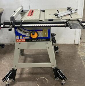Ryobi 10" Table Saw System, Portable Contractor Style, Wheeled Stand, Fence & Miter Gauge- Powers On