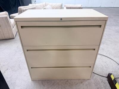 3-Drawer Metal Lateral Filing Cabinet, Beige, 36"x18"x40", Locking, Adjustable Rails