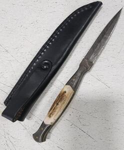 (1) Fixed Blade Damascus Steel Double Sided Dagger With Stag Handle And Sheath
