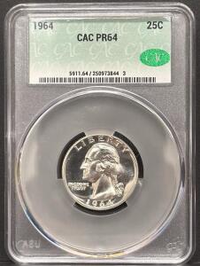 1964 Washington Quarter, PR64 CAC, 25C, Serial No. 250973844
