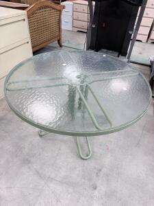 Round 48" Tempered Glass Patio Table with Light Green Powder-Coated Steel Frame, Umbrella Hole