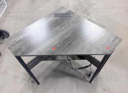 Corner Office Desk with Power Outlets, 3 USB Ports, Gray Wood Finish, Metal Legs, Lower Shelf