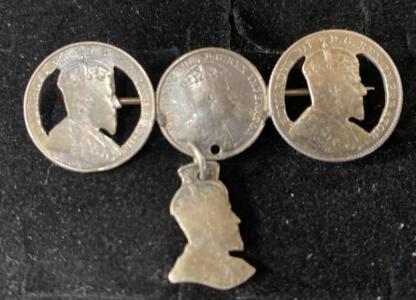 King George V British Coin Cut-Out Brooch, Silver, Double Coin Design with Hanging Profile Pendant- Unable to Verify
