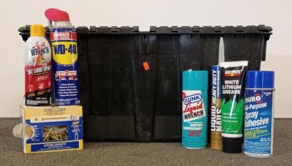 Garage Hardware Lot: Lubricants, Adhesives, Deck Screws, FrogTape, Steel Wool, Black Tote
