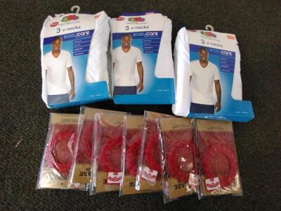 4 Fruit of the Loom XL V-Neck T-Shirts 9-Pack, Full Circle Red Crochet Doilies 6-Pack, 2 Gift Boxes