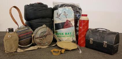 Duck Bay Sleeping Bag, Vintage Canteens, Icy-Hot Thermos, Metal Lunch Box &ndash; Camping Gear Lot