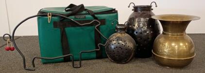 Vintage Ore-Ida Promo Cooler Bag, Dekalb Brass Spittoon, Metal Fly Traps & Pig Wall Rack Lot