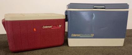 Vintage Coleman PolyLite 34 Quart & SteelBelted 54 Quart Coolers, Plastic & Steel, 1988&ndash;1989