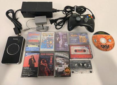 Mixed Electronics Lot: Xbox 360 Controller, XBox One Power Cord, Mouse Mover, Urbz Xbox Game, 9 Cassettes