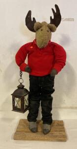 Decorative Stuffed Moose Statue with Lantern, Red Sweater, Wood Base, 44&rdquo; Tall