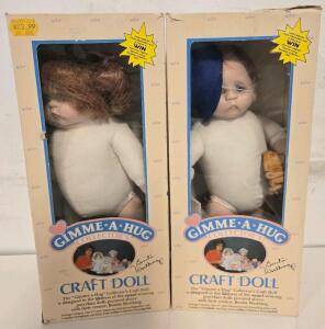 (2) Gimme A Hug Collector's 15" Craft Doll by Bonita Worthing, Original Box, 1980s, Pattern Included