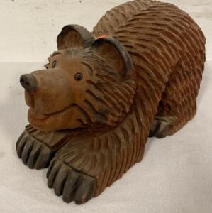 Hand-Carved Wooden Bear Sculpture, Brown Finish, Decorative Cabin Accent, Approx 15" Long