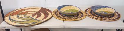 Large Handwoven African Baskets and Trays Set &ndash; Multi-Color Spiral & Star Patterns, 18&ndash;20" Diameter (5) Pieces
