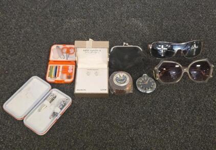Vintage Accessories Lot: 2 Sunglasses, Brilliance Earrings, SHERIC Watch, Kits, Coin Purse