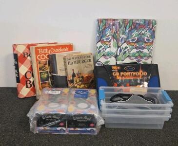 Mixed Lot: 4 Vintage Cookbooks, EZ Choice 96-CD Case, Jebblas Napkins, Art Portfolio, Dog Harness