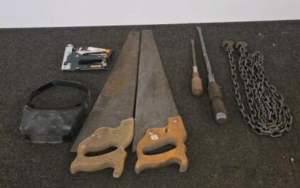 WORKPRO Staple Gun, 2 Vintage Wood Hand Saws, 2 Screwdrivers, Heavy Duty Chain, Tool Pouch