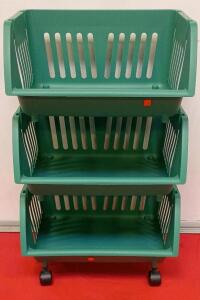 Stackable Rolling Storage Bins &ndash; 3-Tier Green Plastic, 34" Tall, Swivel Casters, Modular System
