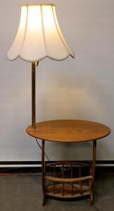 Vintage Combination Table Lamp with Magazine Rack, Wood/Brass, 54" Tall, Oval Top