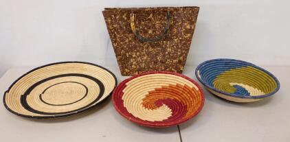Colorful Handcrafted Woven Baskets Set & Brown Patterned Basket-style Tote Handbag (4 Pieces)