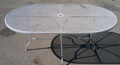 Oval Wrought Iron Mesh Patio Dining Table, White, 72 x 42 in, Umbrella Hole, Seats 6-8