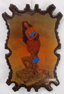 Large 1970s Pin-Up Nude Art on Faux Wood Slab, High Gloss Wall Decor, Fantasy Surreal Motif 36"x24"
